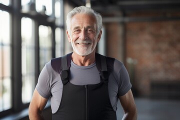 Sticker - Portrait of a happy man in his 70s dressed in a breathable mesh vest in empty modern loft background