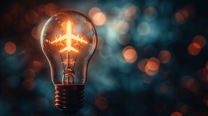 Concept of Aviation and Innovation: A glowing airplane symbol inside a lightbulb on a dark background