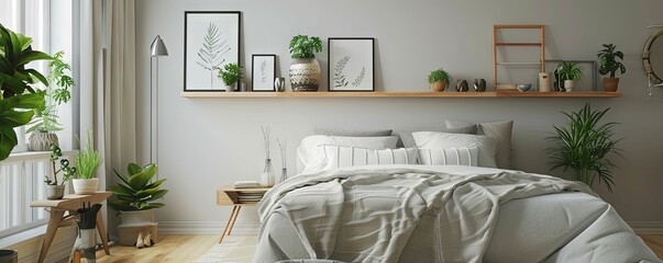 Poster - Scandinavian bedroom with an empty picture ledge.