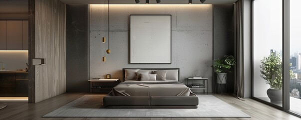 Poster - Modern bedroom with an empty wall frame.