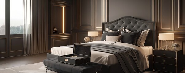 Poster - Luxurious bedroom with an empty velvet-lined jewelry box.