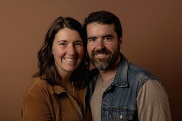 Wall Mural - Portrait of a grinning caucasian couple in their 30s wearing a rugged jean vest while standing against soft brown background