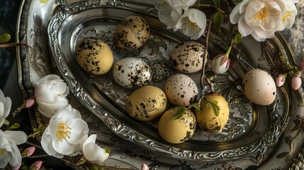 Sticker - Easter display Quail eggs and spring quince on a classic tray