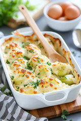 Wall Mural - A white casserole dish filled with cheesy potatoes and parsley