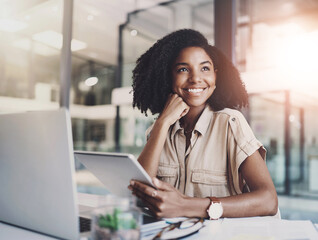 Poster - Woman, vision and tablet in workplace for business, idea and planning schedule or thinking. Communication, email and employee in creative agency, online project and company website or professional