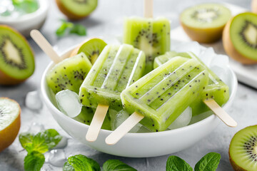 Wall Mural - A bowl of green popsicles with a few kiwi slices on the side