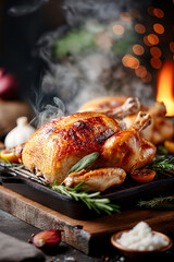 a roasted chicken with herbs and lemon slices on a wooden cutting board