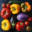 © peerapong - In a bright,sunlit kitchen, a medley of vibrant vegetables takes center stage. The camera zeroes in on a crisp,green bell pepper,juicy red tomato,and a radiant yellow squash,each showcasing their rich