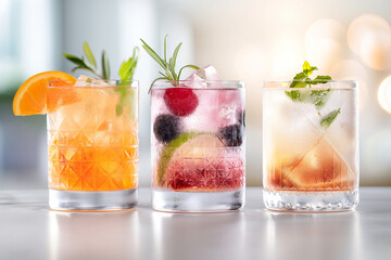 Wall Mural - Three different cocktails are lined up on a table, each with a different garnish