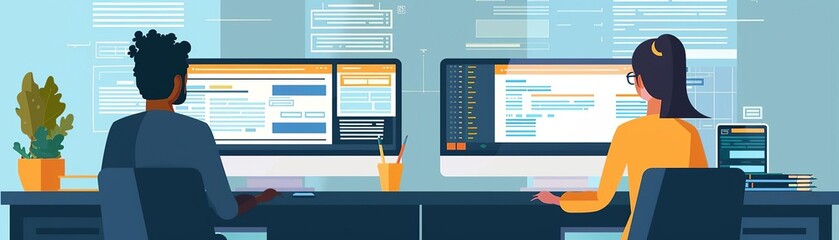 Efficient corporate development, flat design, front view, software theme, cartoon drawing, colored pastel