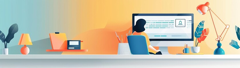 Innovative software development, flat design, side view, corporate theme, water color, Split-complementary color scheme