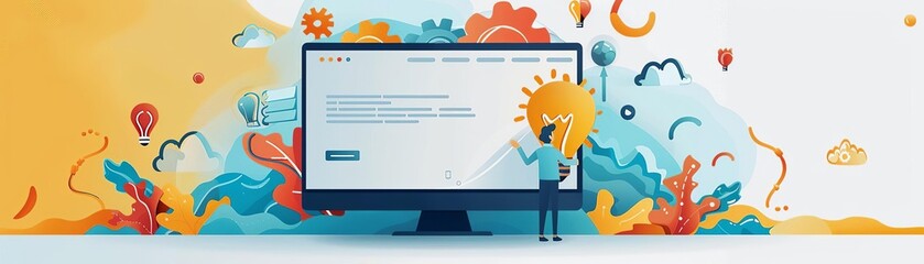 Innovative software development, flat design, side view, corporate theme, water color, Split-complementary color scheme