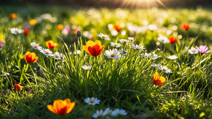 Wall Mural - Beautiful green grass with colorful flowers in the sunlight