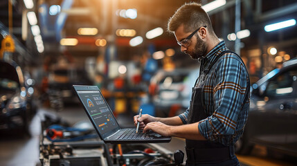 Mechanic using computer software analyzing car performance in garage