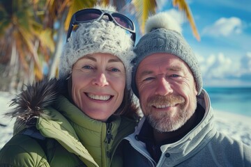 Canvas Print - Portrait of a happy couple in their 40s dressed in a warm ski hat isolated in tropical island background