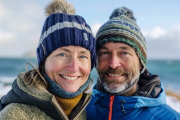 Wall Mural - Portrait of a happy couple in their 40s dressed in a warm ski hat isolated in tropical island background