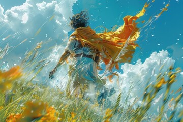 Wall Mural - Hermes in Greek Mythology: Playful Digital Painting in a Windswept Meadow

