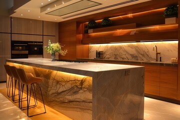 Poster - modern kitchen island with a sleek marble countertop and wooden cabinets illuminated by warm ambient lighting creating a stylish and inviting cooking space