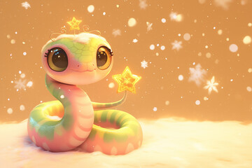 Canvas Print - 3D cartoon snake with a star on its head is sitting on a snowy surface. The image has a whimsical and playful mood, as the snake is dressed up in a star and he is enjoying the winter weather