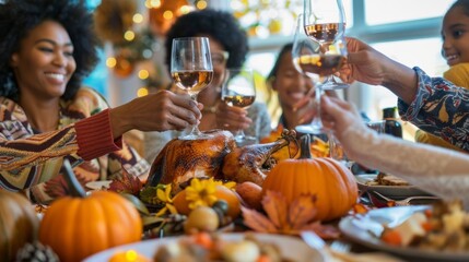 Wall Mural - The Whole Family, Spanning Multiple Generations, Gathers Together to Raise a Toast During Their Festive Thanksgiving Meal