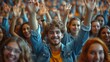 © aicandy - Large group of excited young people raising their hands enthusiastically in a vibrant and lively environment, epitomizing joyful participation and collective energy
