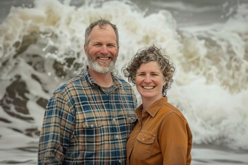 Portrait of a smiling couple in their 40s wearing a comfy flannel shirt isolated on crashing waves background