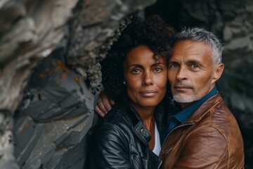 Poster - Portrait of a tender mixed race couple in their 50s sporting a classic leather jacket in spectacular sea cave background