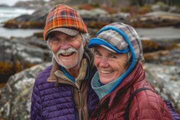 Canvas Print - Portrait of a grinning couple in their 70s sporting a quilted insulated jacket isolated on peaceful tide pool background