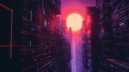 Wall Mural - Futuristic Cityscape at Sunset with Glowing Neon Skyscrapers and Illuminated Urban Grid