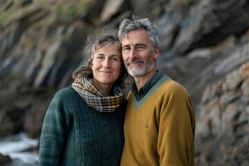 Portrait of a content couple in their 40s wearing a thermal fleece pullover while standing against dramatic coastal cliff background