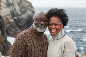 Poster - Portrait of a cheerful mixed race couple in their 50s wearing a classic turtleneck sweater over dramatic coastal cliff background