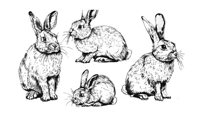 brush painting black and white ink draw isolated rabbit illustration set, wildlife art, monochrome animal artwork, engraving bunny portrait