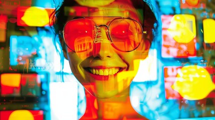 Wall Mural - Woman Smiling Through Colorful Lights