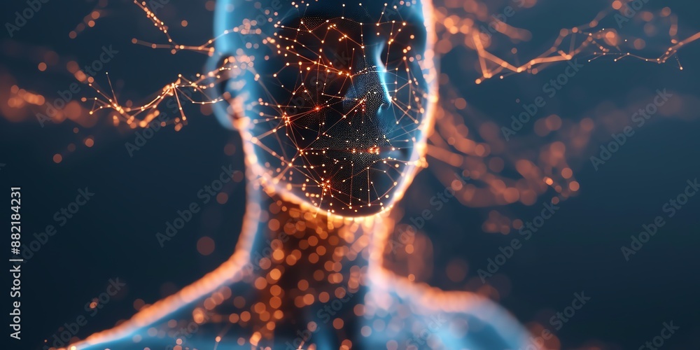 Abstract image of a human figure composed of glowing dots and lines ...