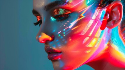 Canvas Print - Closeup of a Woman's Face With Neon Makeup in Blue and Red Lighting