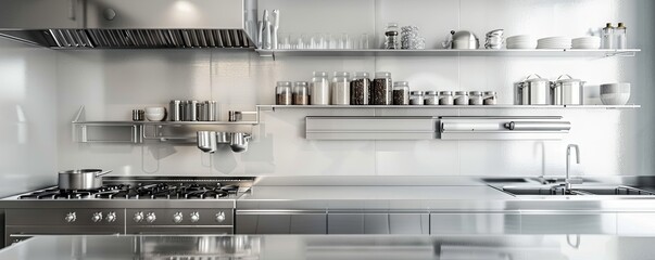 High-end kitchen with an empty silver spice rack.