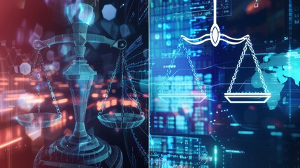 digital scales of justice with global network
