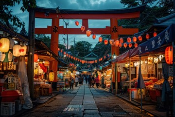 Festive Street Market Under a Traditional Torii Gate