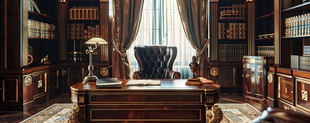 Regal office with antique decor and a plush chair.