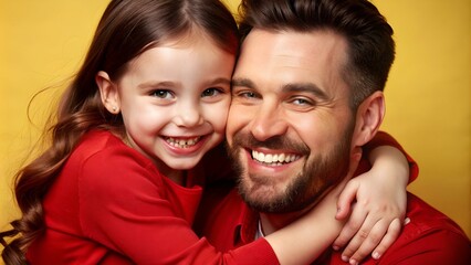 happy father's day! cute dad and daughter hugging on yellow background.