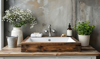 Rustic bathroom with a blank wooden tray.