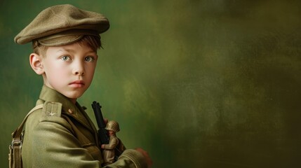 Young Boy in Military Uniform Holding Toy Soldier - Digital Painting with Copy Space on Olive Green Background