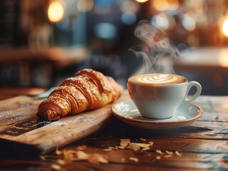 artisanal coffee experience with latte art and fresh croissant rich warm tones emphasize inviting atmosphere steam rising from cup golden pastry flakes rustic wooden table setting