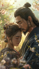 Wall Mural - a tall, handsome Japanese man and a Japanese woman gently resting her forehead against his ear, in a serene and dreamy landscape with soft, ethereal lighting. 