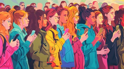 Wall Mural - A lot of girls with mobile phones, a hand-drawn illustration in a realistic style poster.