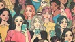 © nikola-master - A lot of girls with mobile phones, a hand-drawn illustration in a realistic style poster.
