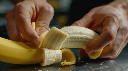 Wall Mural - person peeling a banana on a table