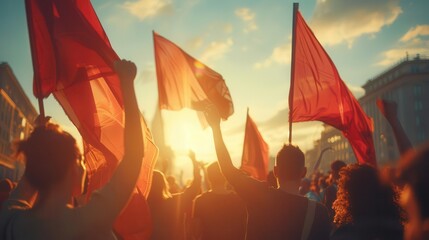 Wall Mural - group of people holding red flags in the sun