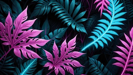 Wall Mural - Neon leaves and tropical plants glowing in the dark.