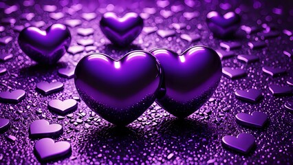 Two purple metallic hearts on a background of many purple hearts, abstract.